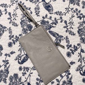 Micheal Kors gray pebbled leather wristlet clutch bag wallet pouch taupe